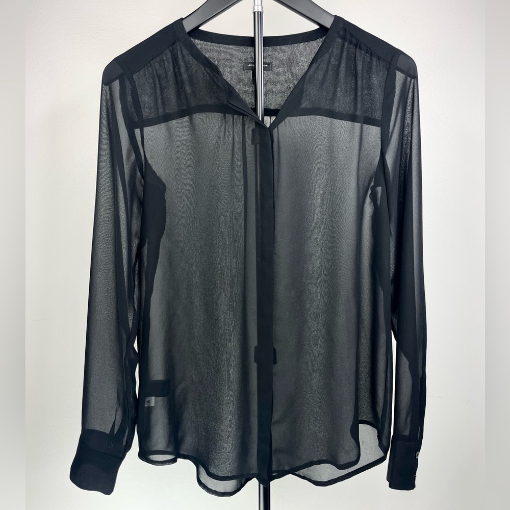 Ann Taylor Black‎ Sheer Blouse Long Sleeve Split Neck Top Womens XS